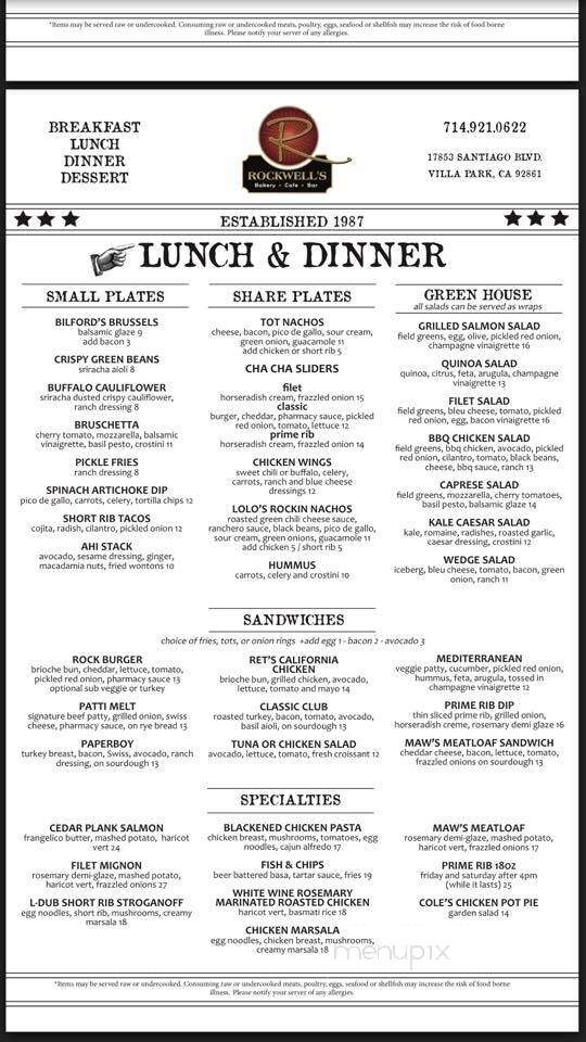 Rockwell's Bakery, Restaurant and Bar - Villa Park, CA menu_pic