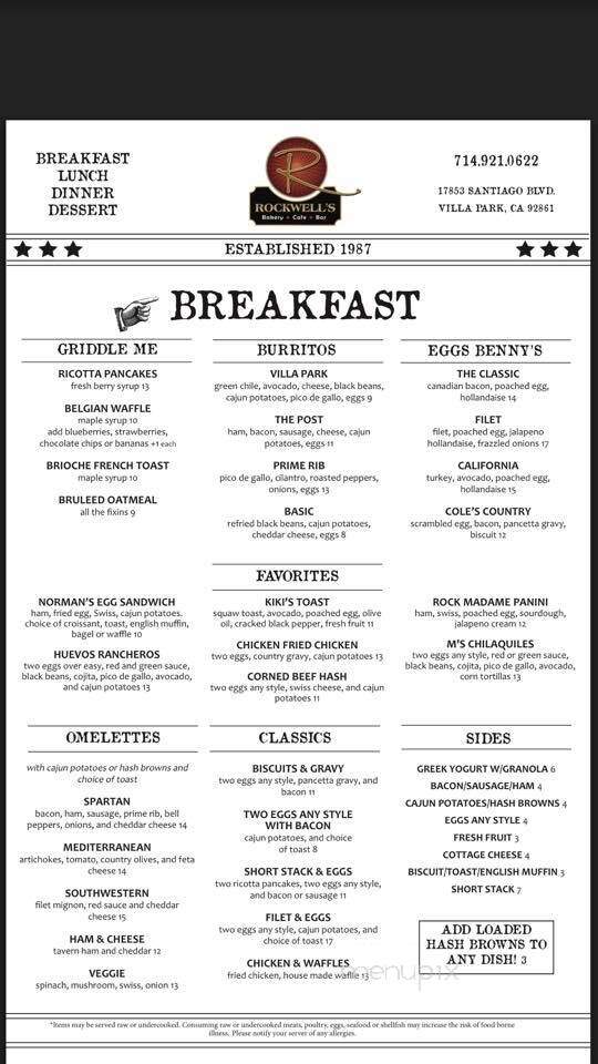Rockwell's Bakery, Restaurant and Bar - Villa Park, CA menu_pic