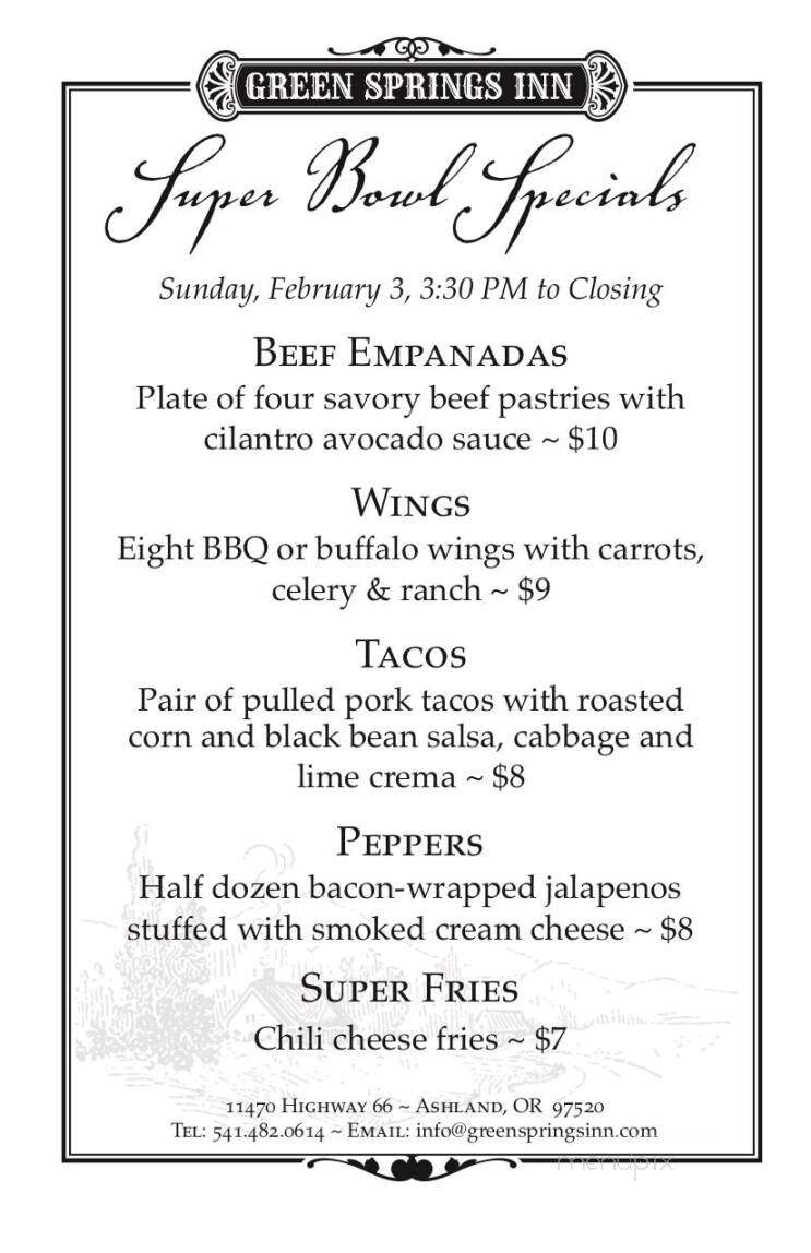 Greensprings Inn - Ashland, OR menu_pic