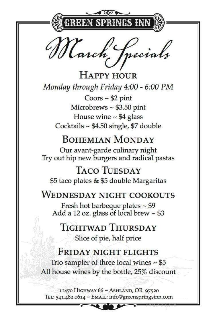 Greensprings Inn - Ashland, OR menu_pic