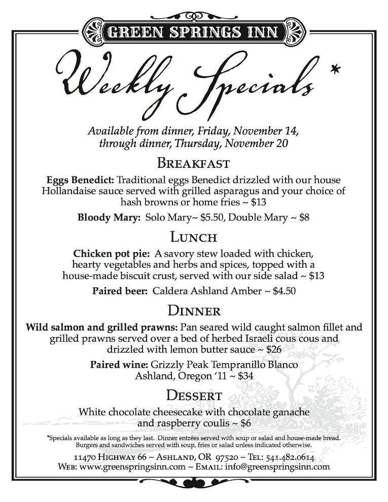Greensprings Inn - Ashland, OR menu_pic