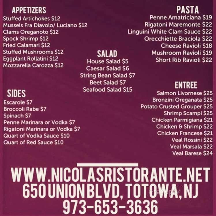 Nicola's Ristorante - Totowa, NJ menu_pic