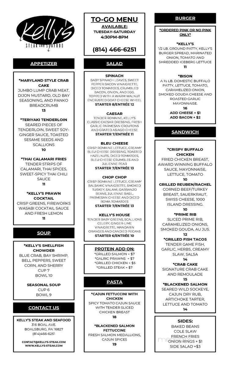 Kelly's Steak & Seafood - Boalsburg, PA menu_pic