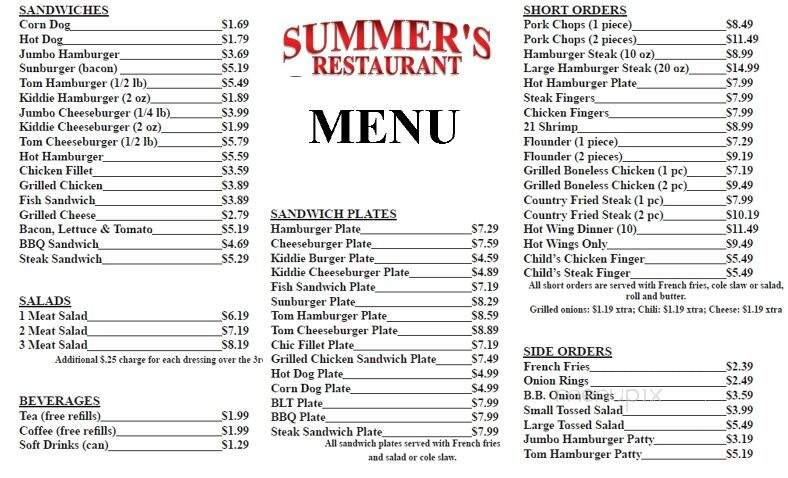 Summer's Restaurant - Newberry, SC menu_pic