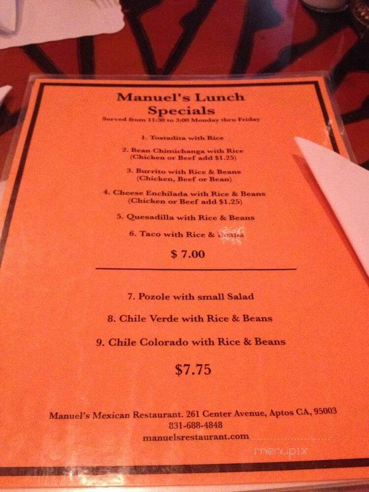 Manuel's Mexican Restaurant - Aptos, CA menu_pic