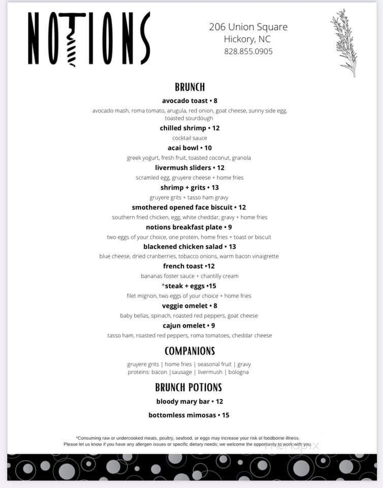 Notions - Hickory, NC menu_pic