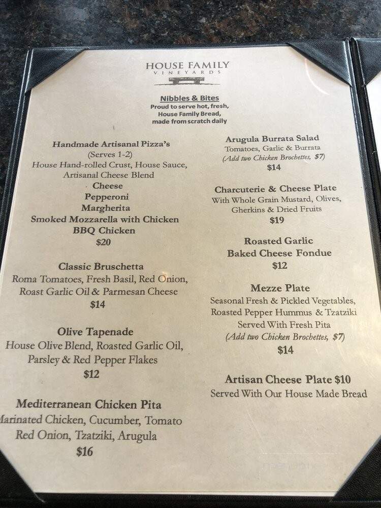 House Family Vineyards - Saratoga, CA menu_pic