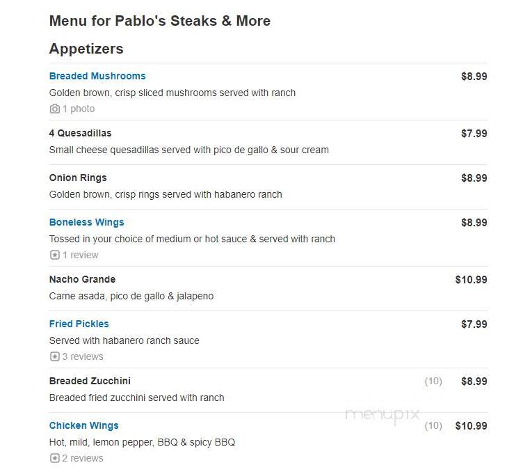 Pablo's Steaks and More - Benson, AZ menu_pic