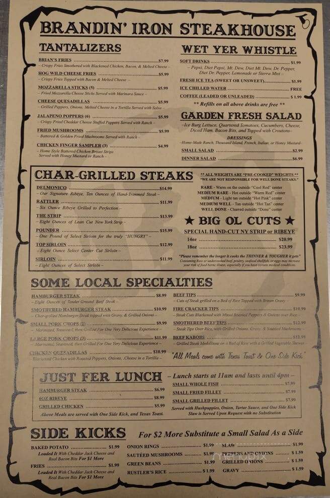 Brandin Iron Steakhouse - Fairview, AL menu_pic