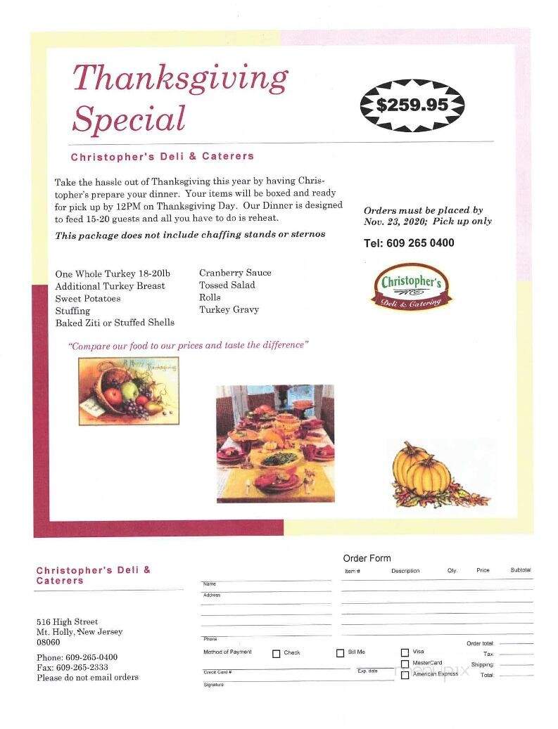 Christopher's Deli & Catering - Mount Holly, NJ menu_pic