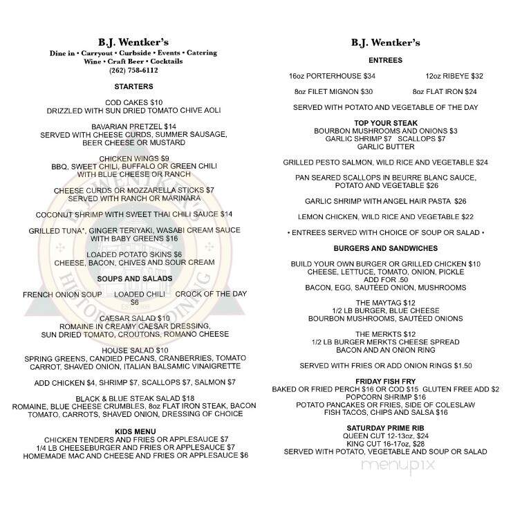 BJ Wentker's - Burlington, WI menu_pic