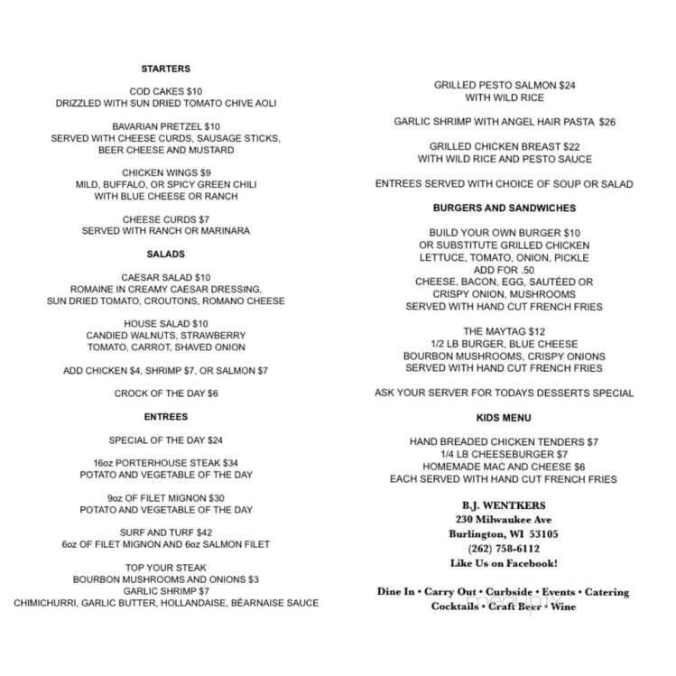 BJ Wentker's - Burlington, WI menu_pic