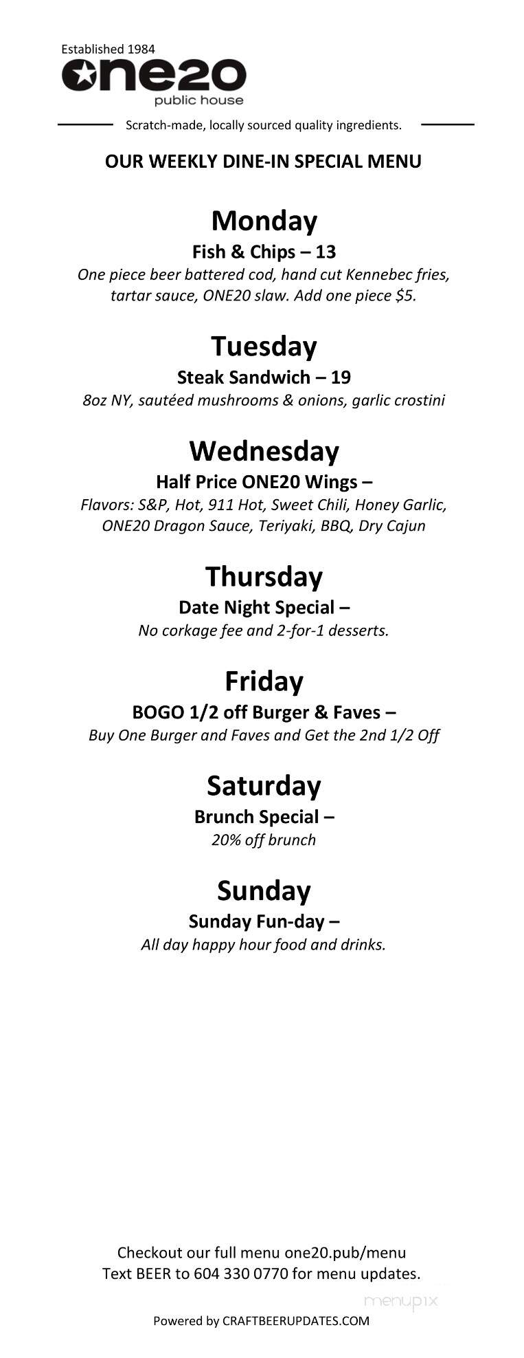 one20 Pub & Grill - Delta, BC menu_pic
