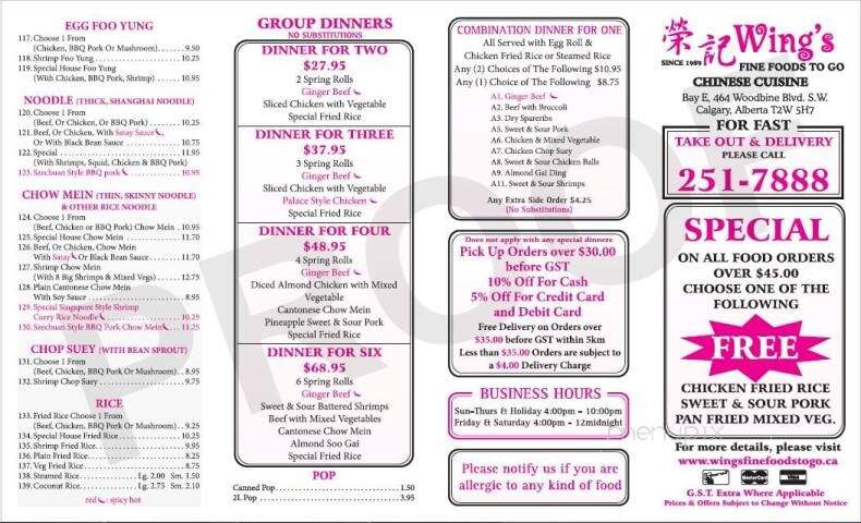 Wing's Chinese Food - Calgary, AB menu_pic