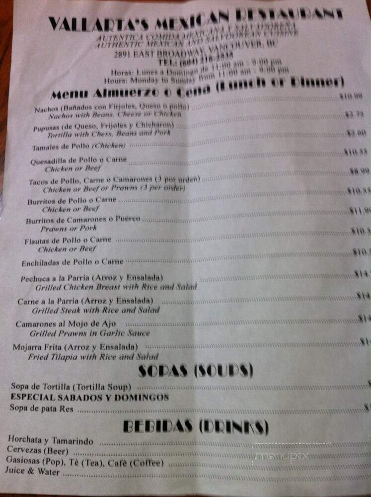 Vallarta's Mexican Restaurant - Vancouver, BC menu_pic