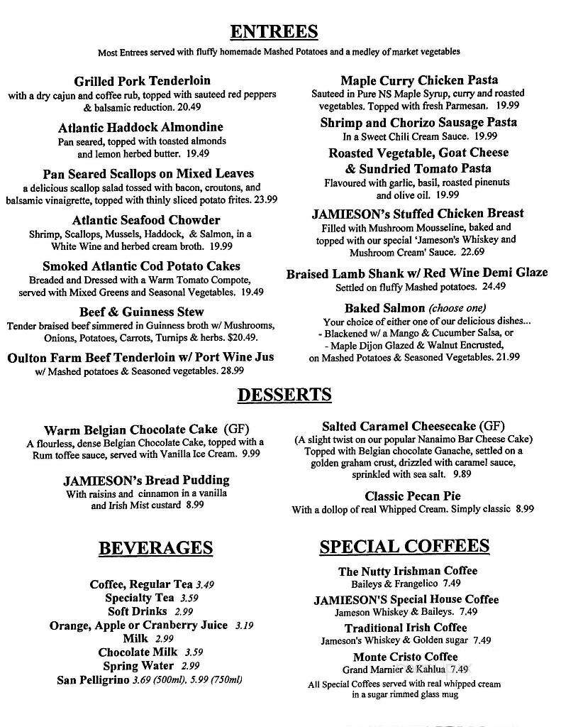 Jamieson's Irish House & Grill - Halifax, NS menu_pic