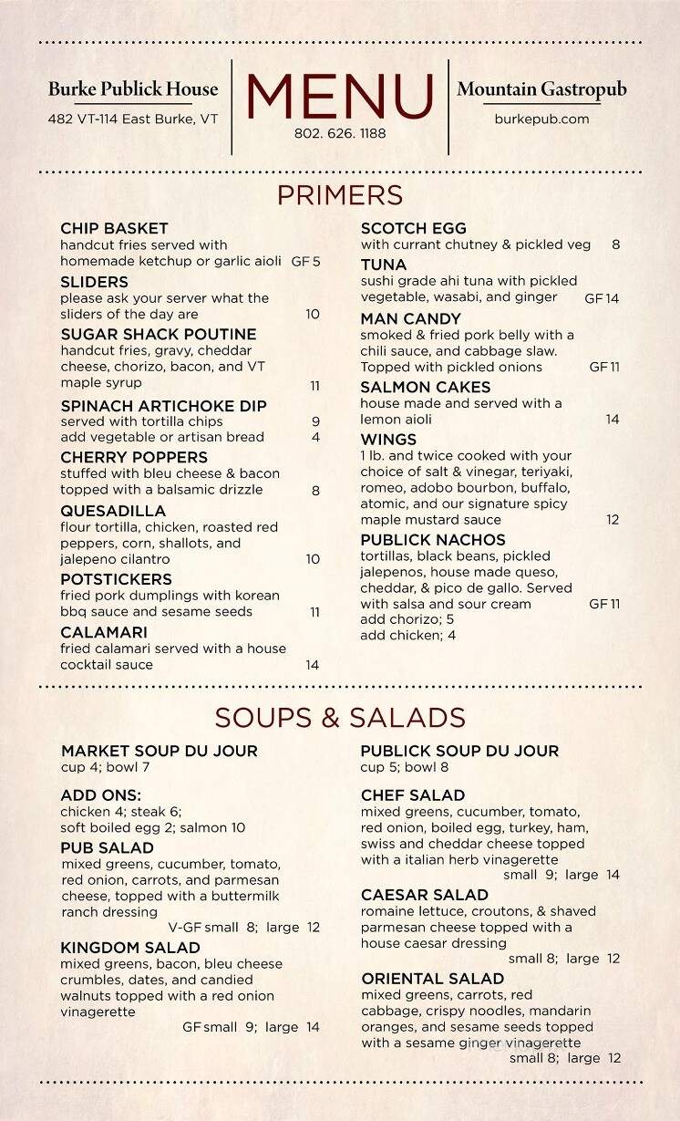 The Pub Outback - East Burke, VT menu_pic