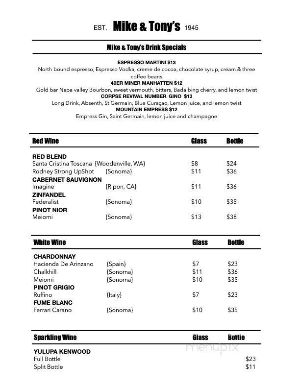 Mike & Tony's Restaurant - Mount Shasta, CA menu_pic