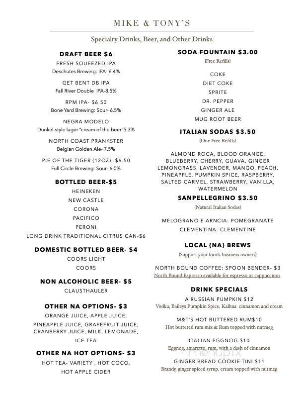 Mike & Tony's Restaurant - Mount Shasta, CA menu_pic