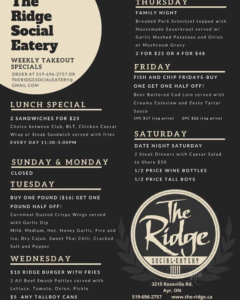 The Ridge Social Eatery - Roseville, ON menu_pic