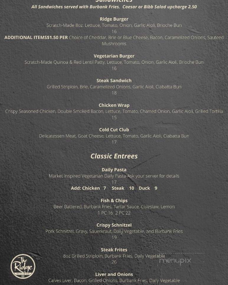 The Ridge Social Eatery - Roseville, ON menu_pic