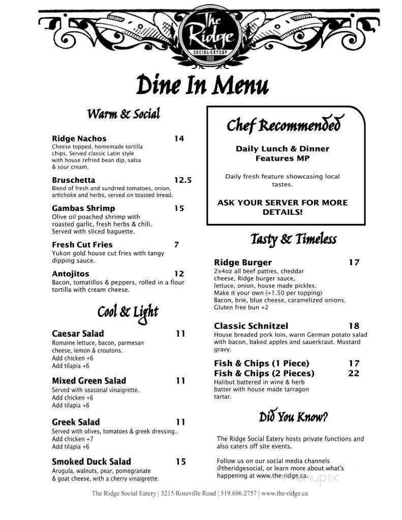The Ridge Social Eatery - Roseville, ON menu_pic