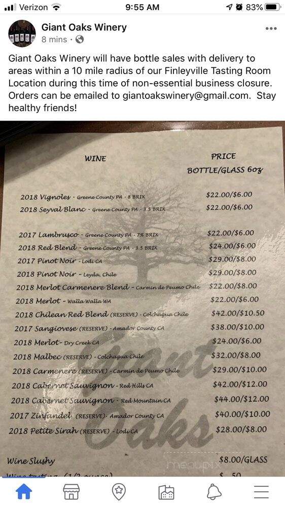 Giant Oaks Winery - Finleyville, PA menu_pic