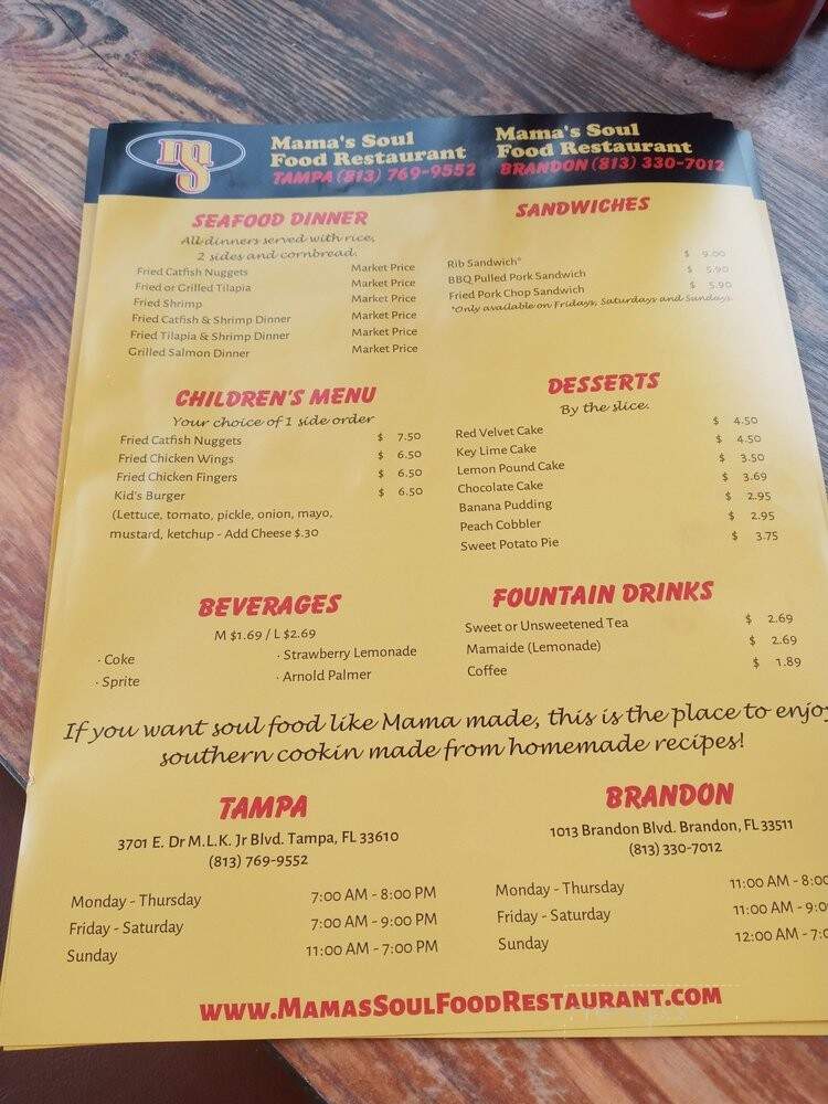 Mama's Soul Food Restaurant - Brandon, FL menu_pic