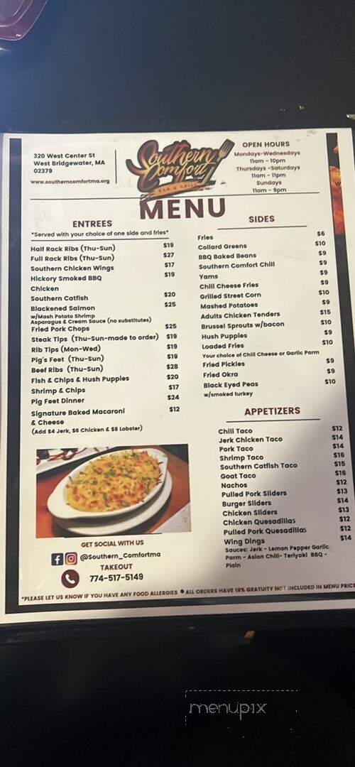 Southern Comfort Bar and Grill - West Bridgewater, MA menu_pic