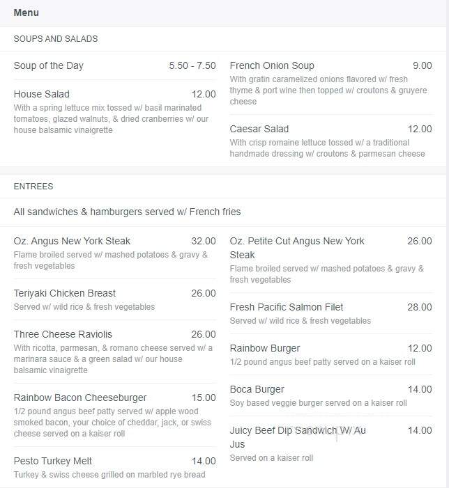 Rainbow Tavern and Lodge Restaurant - Soda Springs, CA menu_pic