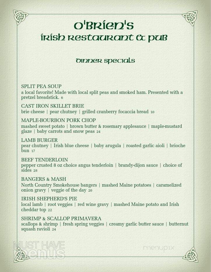 O'Brien's Irish Restaurant & Pub - Waterville, ME menu_pic