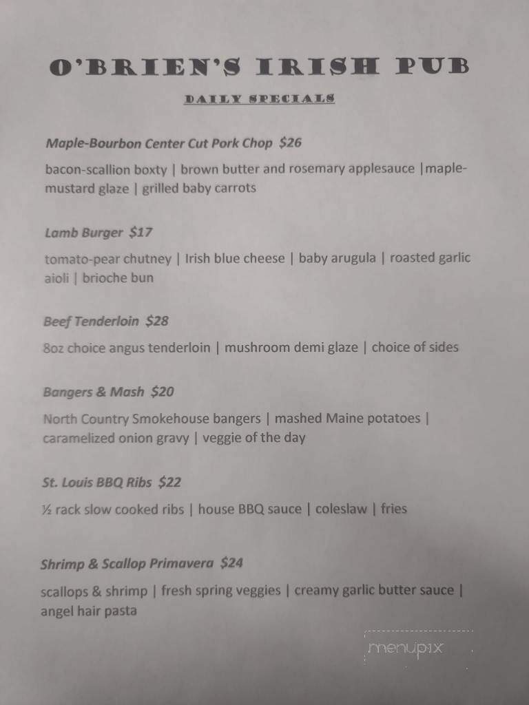 O'Brien's Irish Restaurant & Pub - Waterville, ME menu_pic