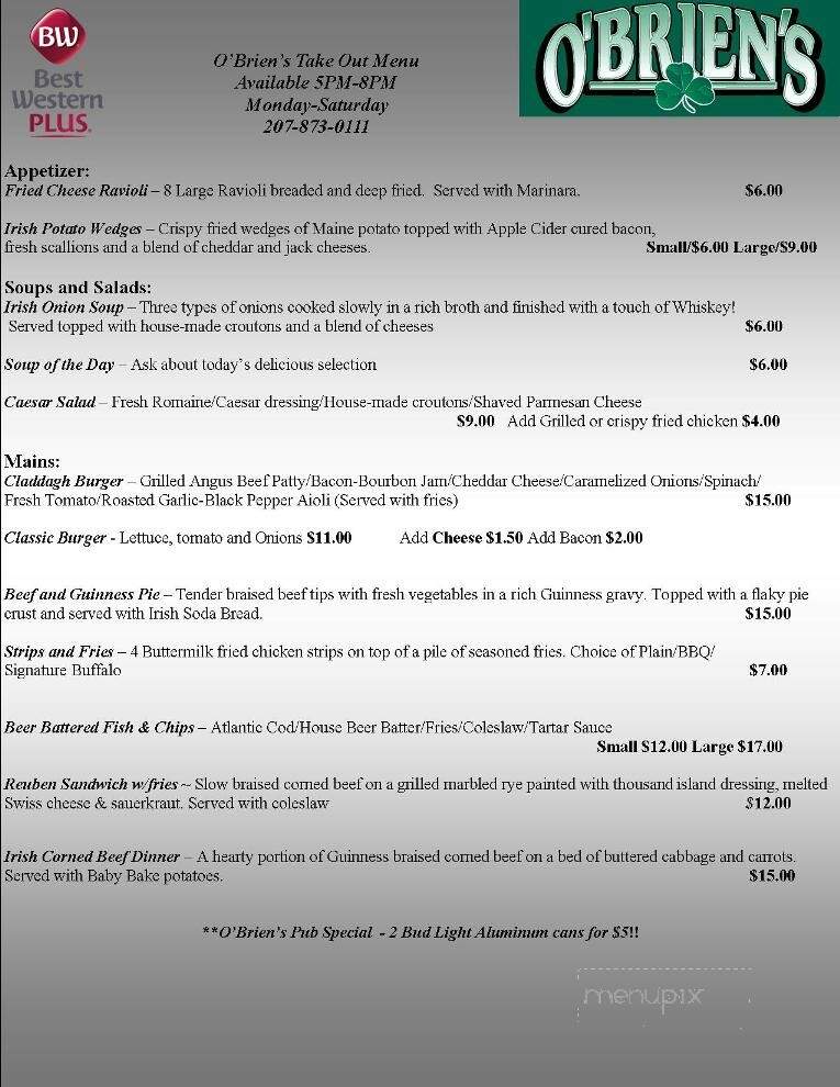 O'Brien's Irish Restaurant & Pub - Waterville, ME menu_pic