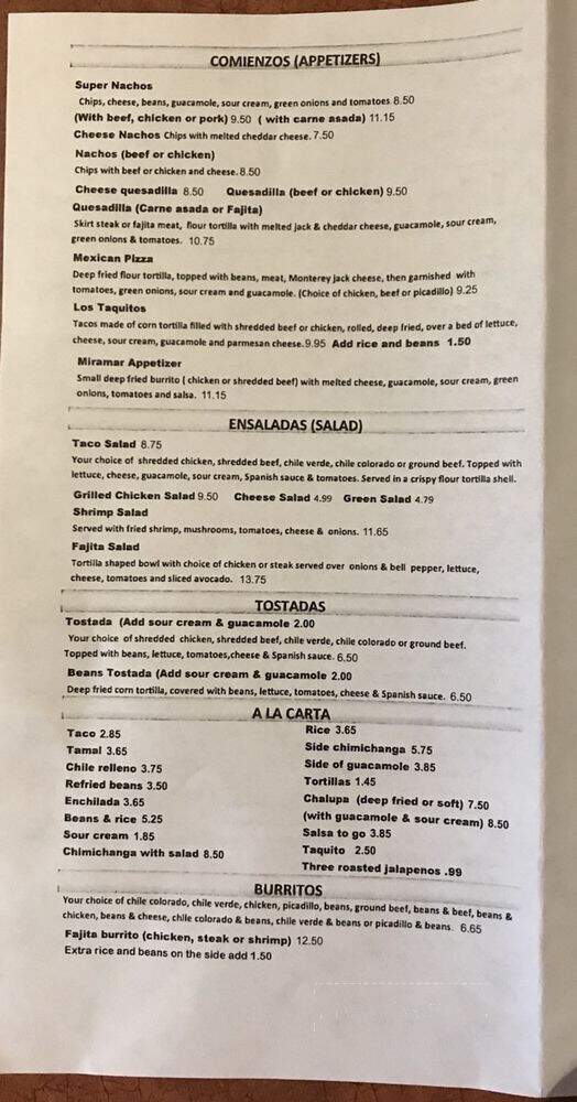 Miramar Mexican Restaurant - Dallas, OR menu_pic