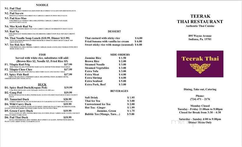 Teerak Thai Restaurant - Indiana, PA menu_pic