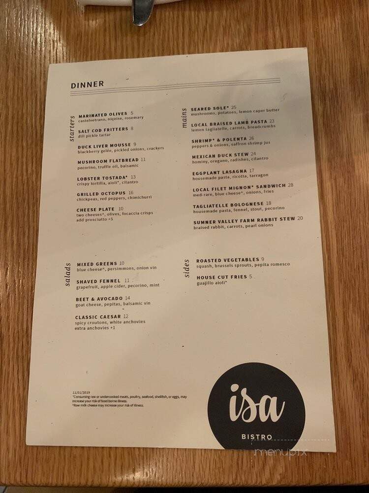 Isa Bistro - Portland, ME menu_pic