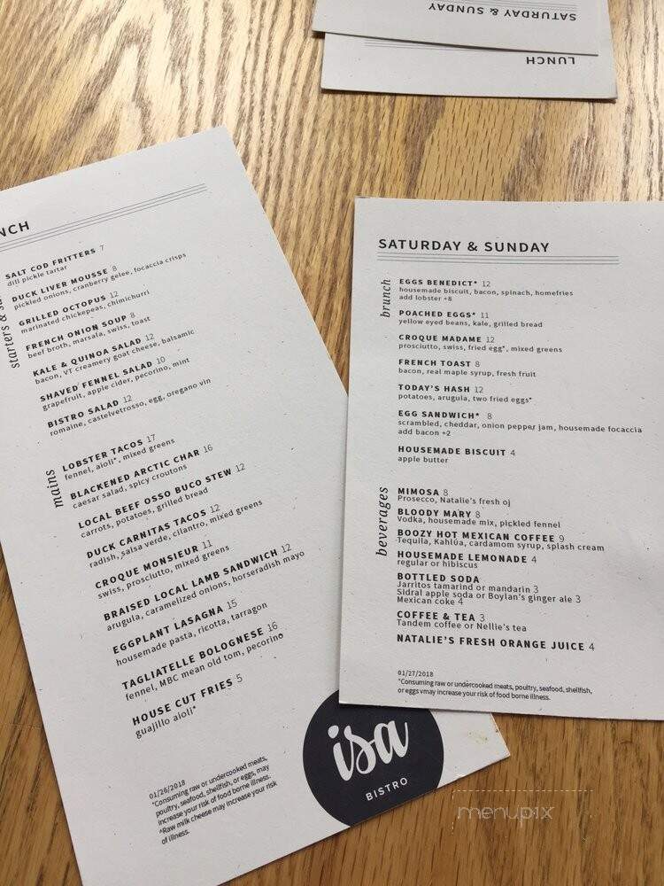 Isa Bistro - Portland, ME menu_pic
