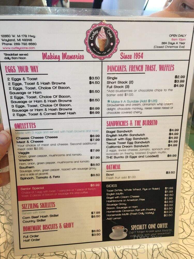 Curley Cone - Wayland, MI menu_pic