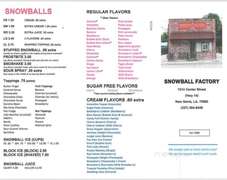Snowball Factory - New Iberia, LA menu_pic