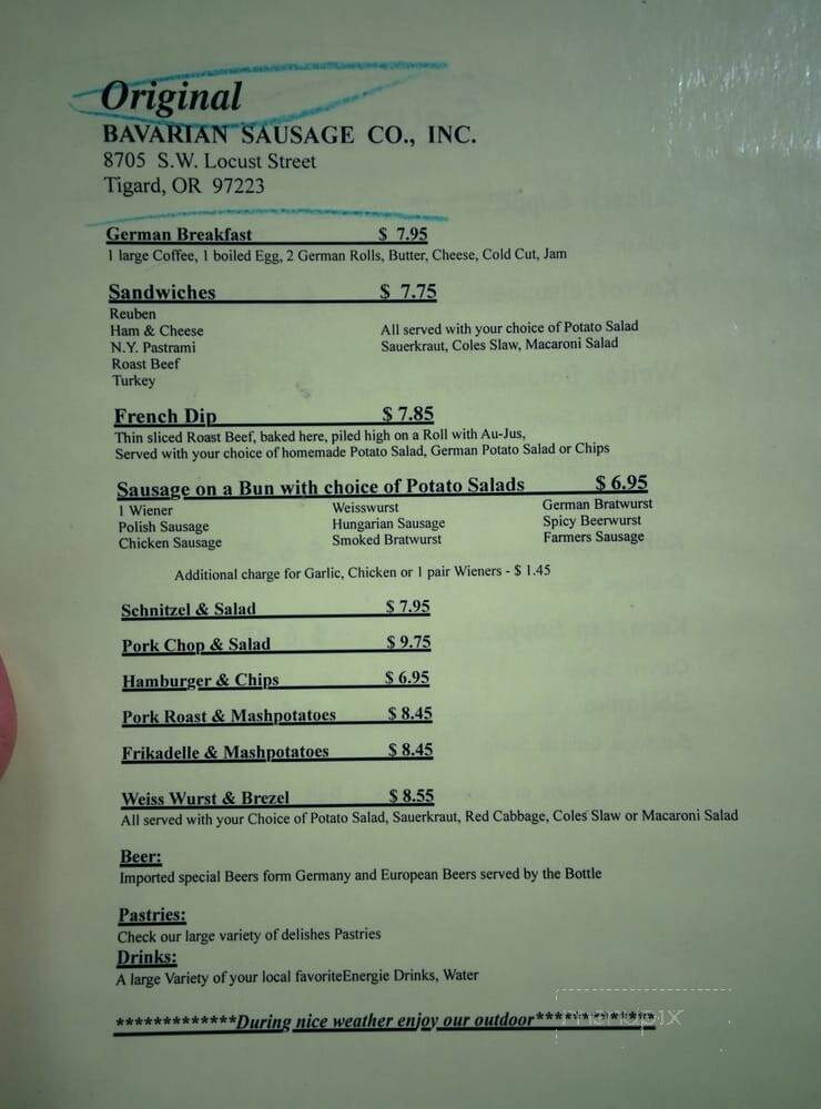 Original Bavarian Sausage Delicatessen - Tigard, OR menu_pic