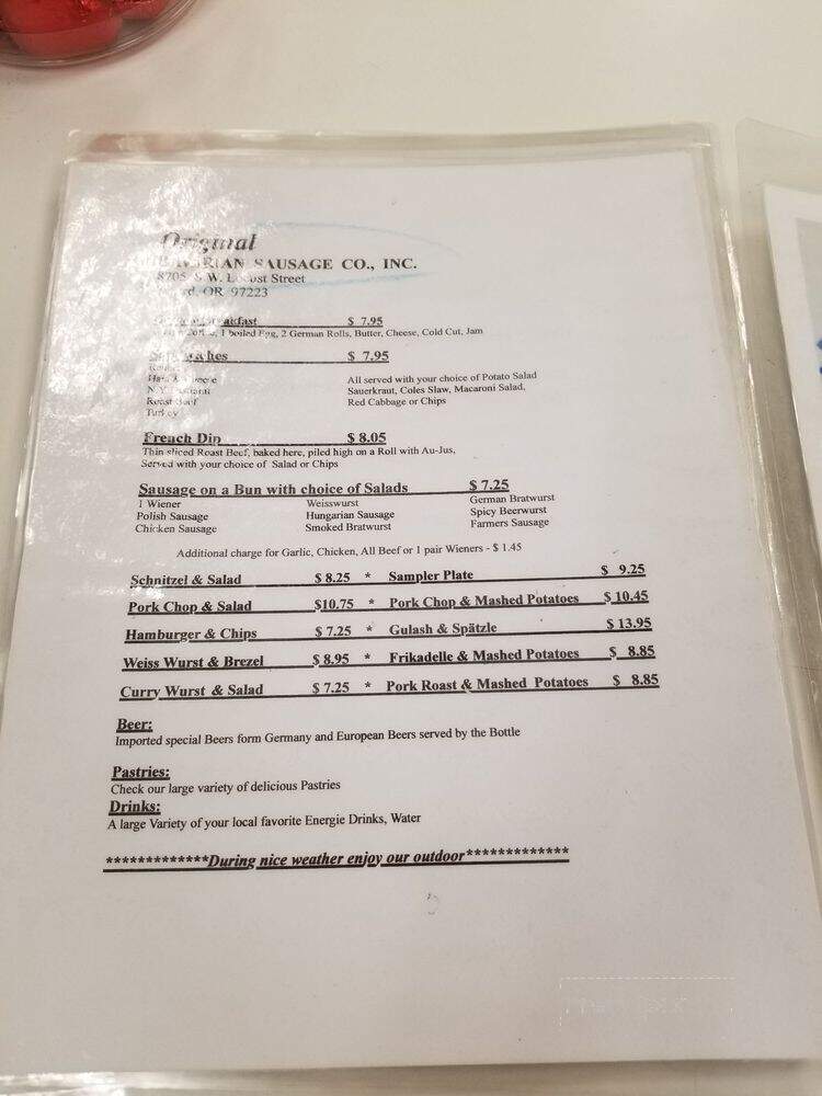 Original Bavarian Sausage Delicatessen - Tigard, OR menu_pic