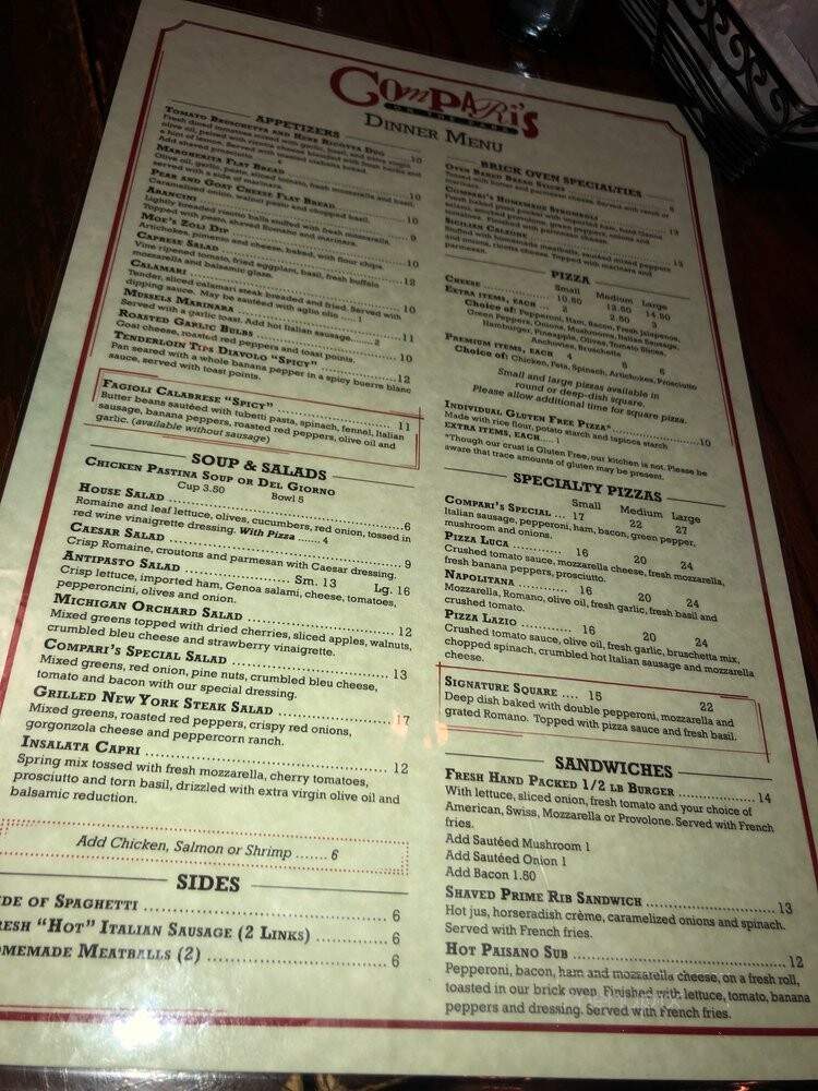 Compari's On The Park - Plymouth, MI menu_pic