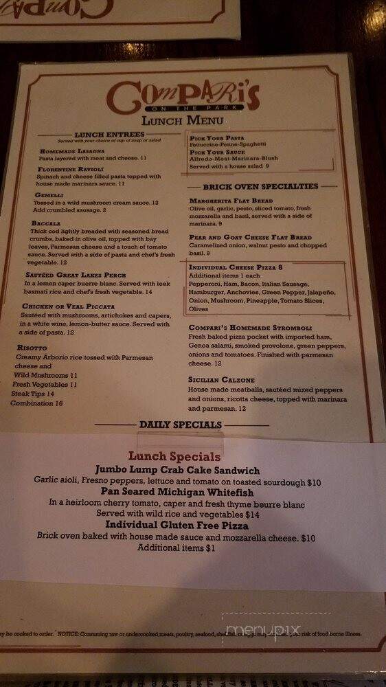 Compari's On The Park - Plymouth, MI menu_pic