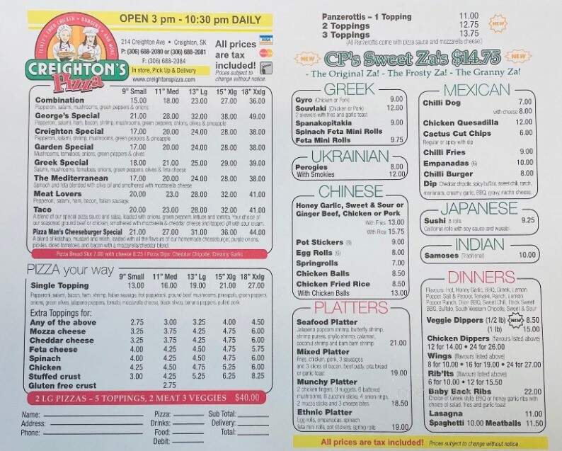Creighton's Pizza - Creighton, SK menu_pic