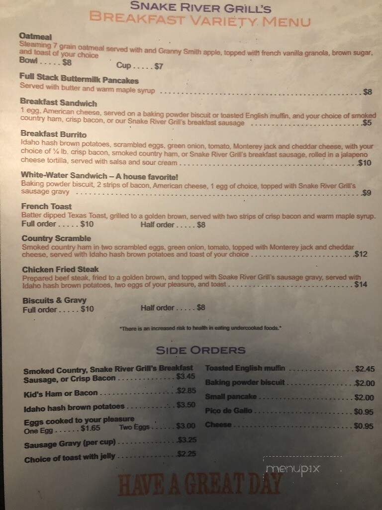 Snake River Grill - Hagerman, ID menu_pic