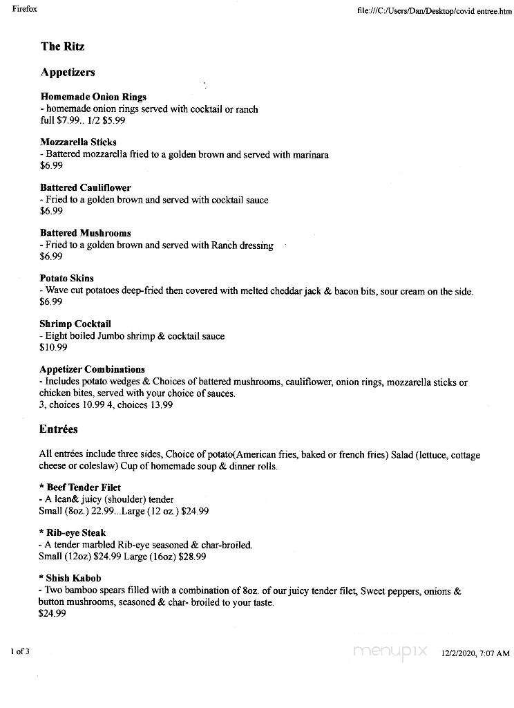 Ritz Restaurant - Dyersville, IA menu_pic