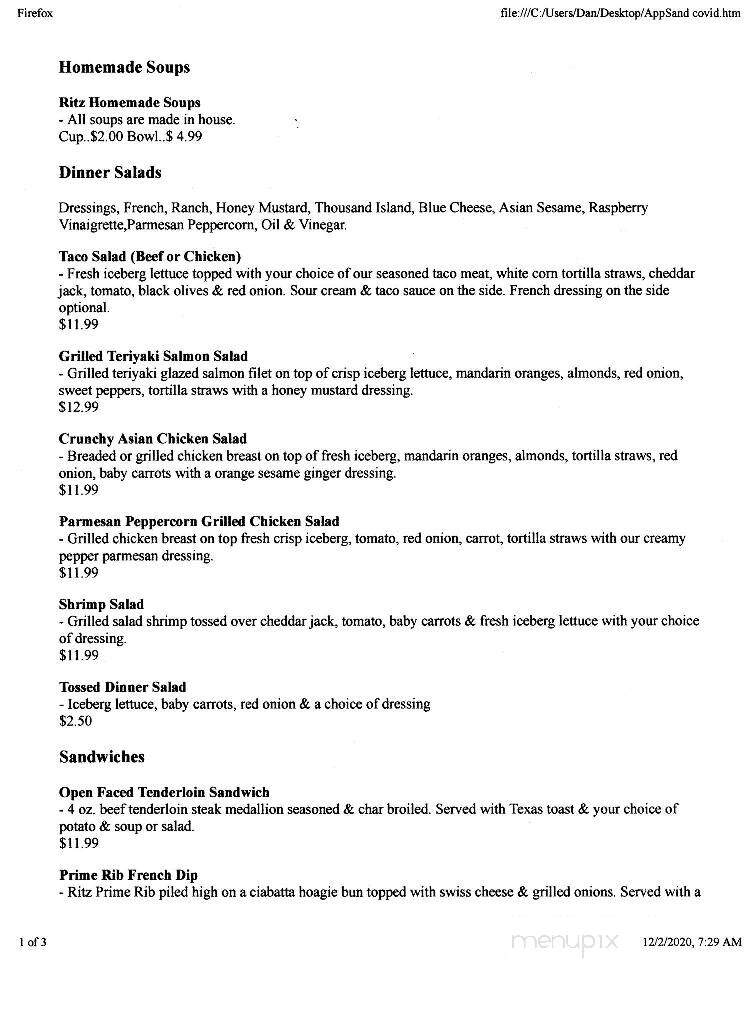 Ritz Restaurant - Dyersville, IA menu_pic
