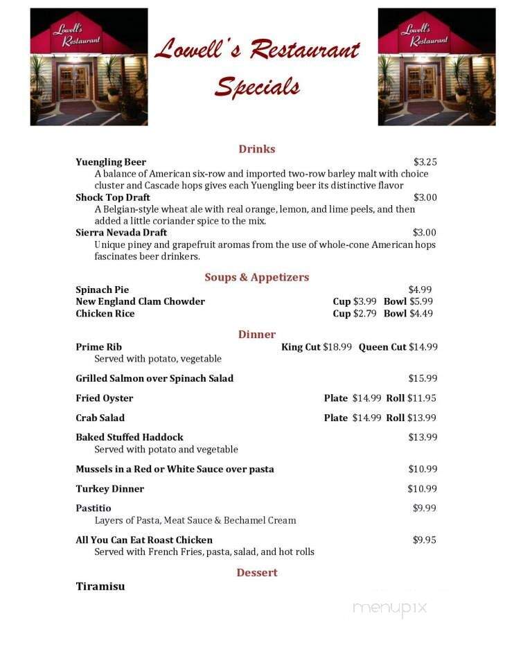 Lowell's Restaurant - Mendon, MA menu_pic