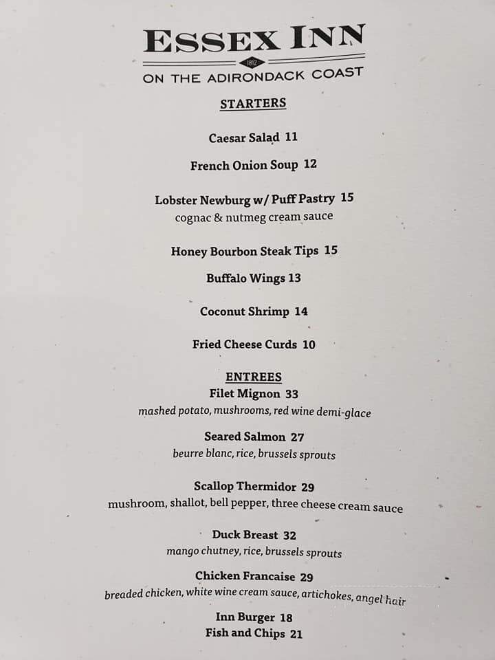 Essex Inn on the Adirondack Coast - Essex, NY menu_pic