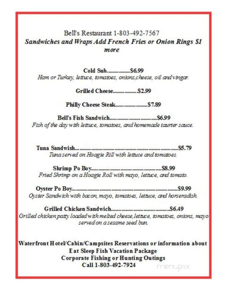 Bells Marina Restaurant - Eutawville, SC menu_pic